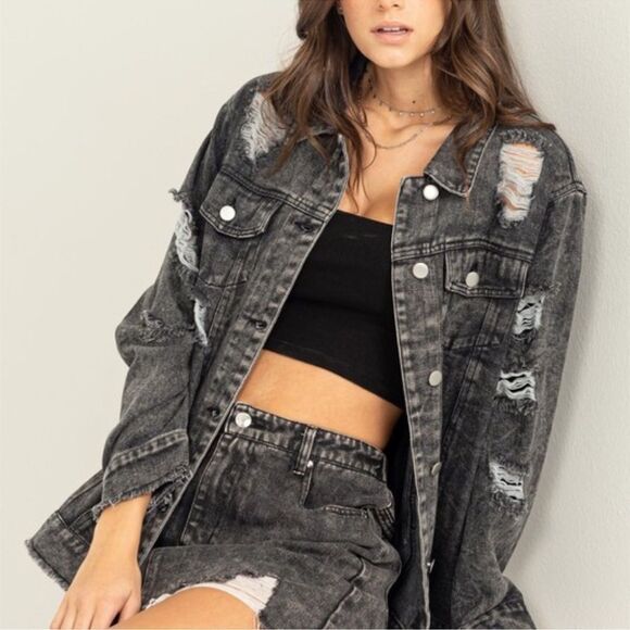 HYFVE Tess Acid Washed Distressed Denim Jacket in Black Denim 100% Cotton Size S - Picture 3 of 10